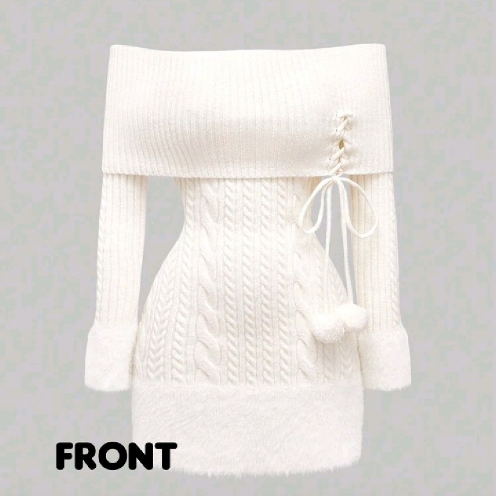 Elegant Off-Shoulder White Sweater Dress (XL)🤍🩷🤍